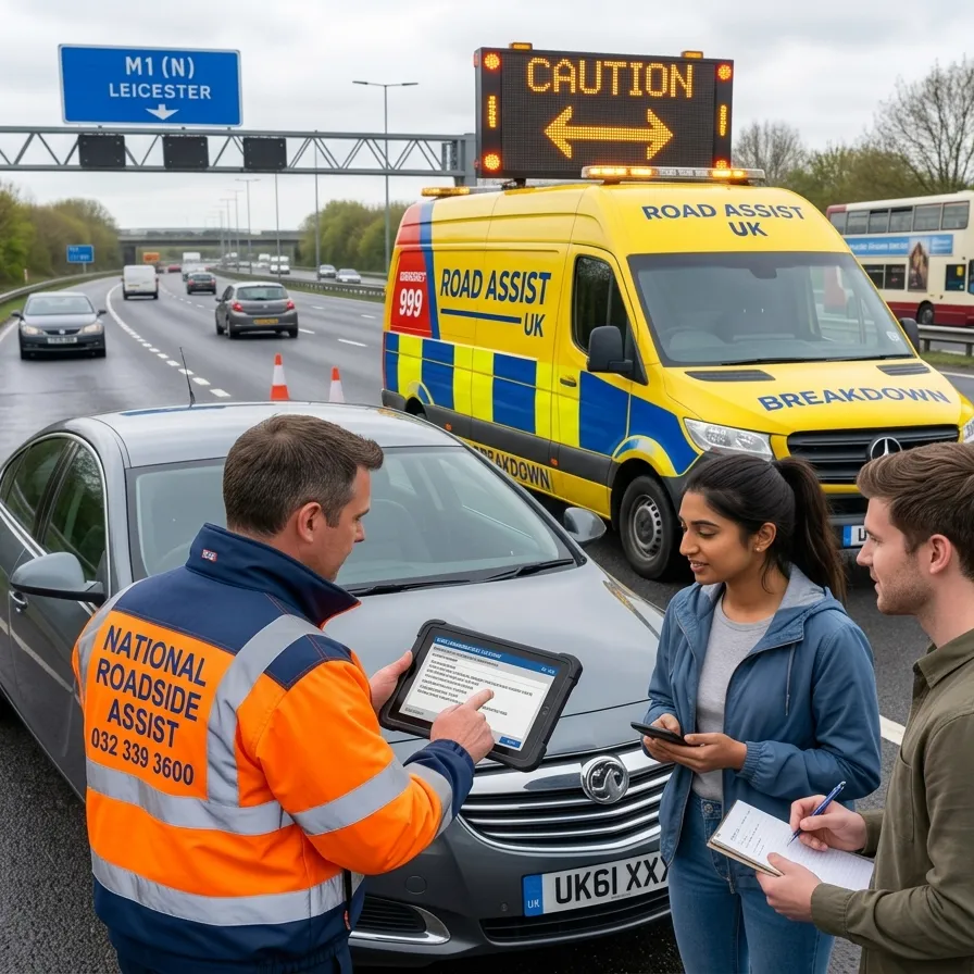 National Roadside Assist recovery operative assisting a driver beside their vehicle on a UK motorway